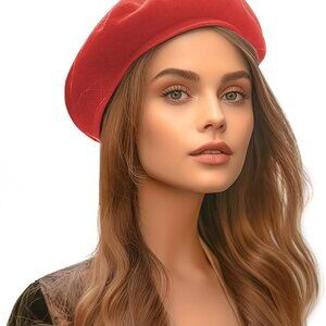 JEICY Red Wool French Beret Hat for Women – Classic Lightweight Beret with Scarf